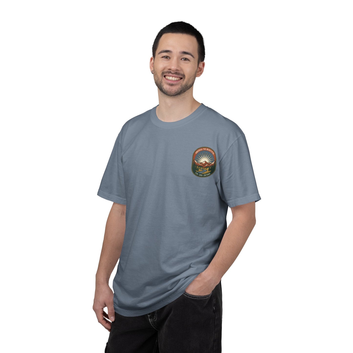 America the Beautiful T-Shirt — 250th Anniversary Scenic Mountain Graphic Tee