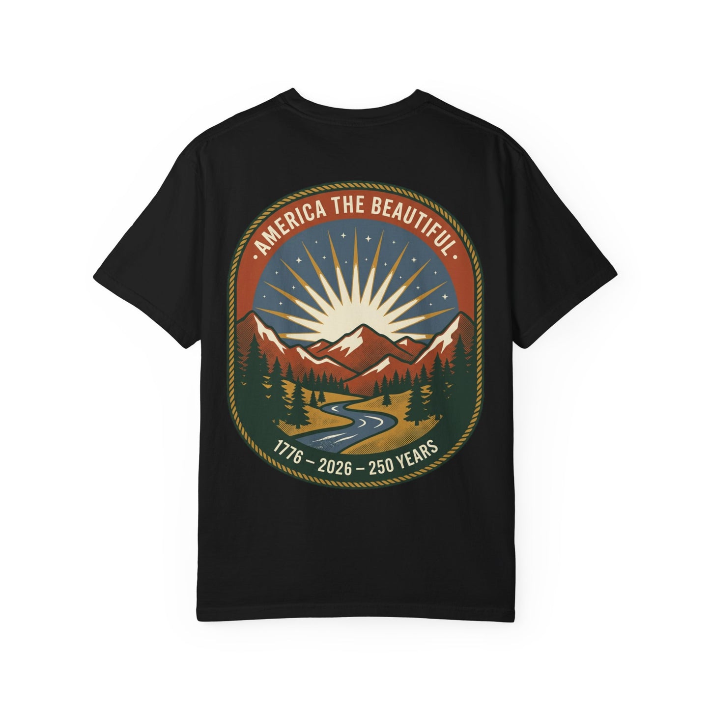 America the Beautiful T-Shirt — 250th Anniversary Scenic Mountain Graphic Tee