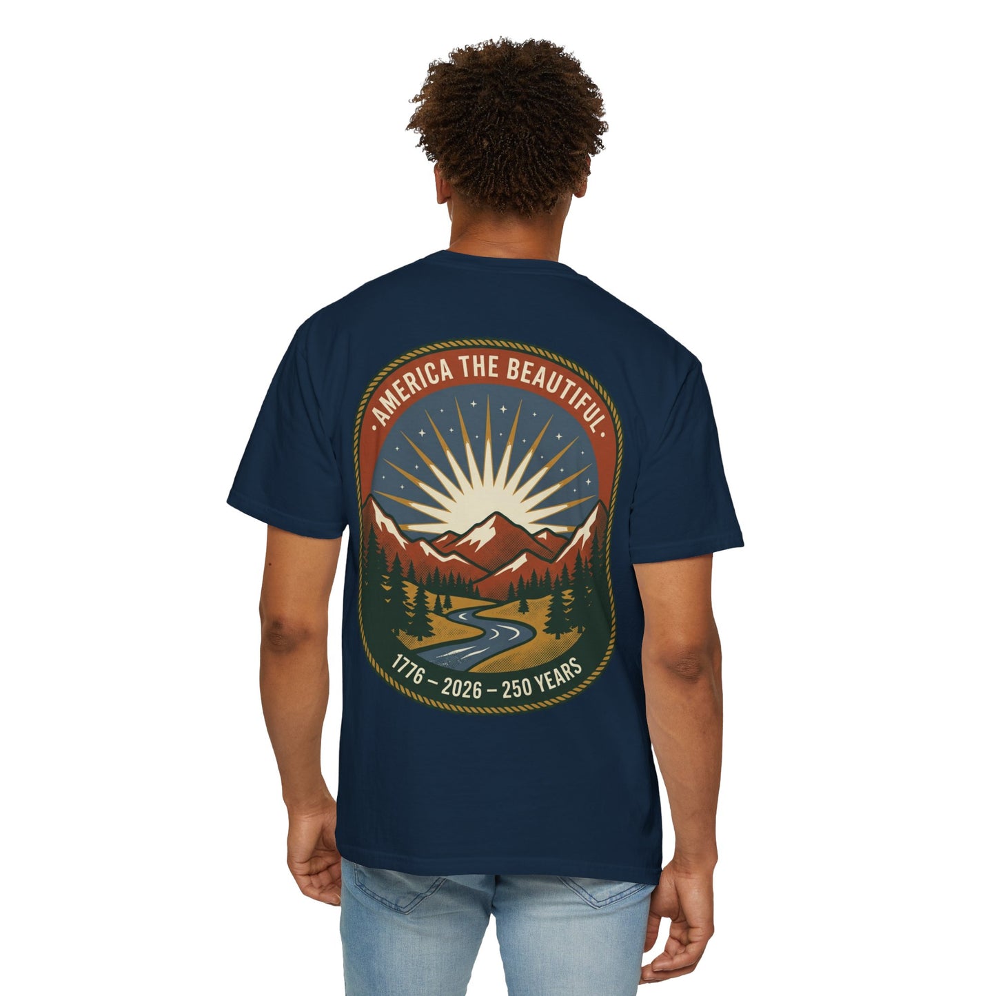 America the Beautiful T-Shirt — 250th Anniversary Scenic Mountain Graphic Tee