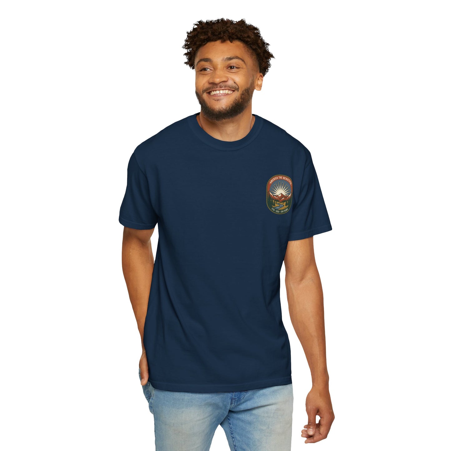 America the Beautiful T-Shirt — 250th Anniversary Scenic Mountain Graphic Tee
