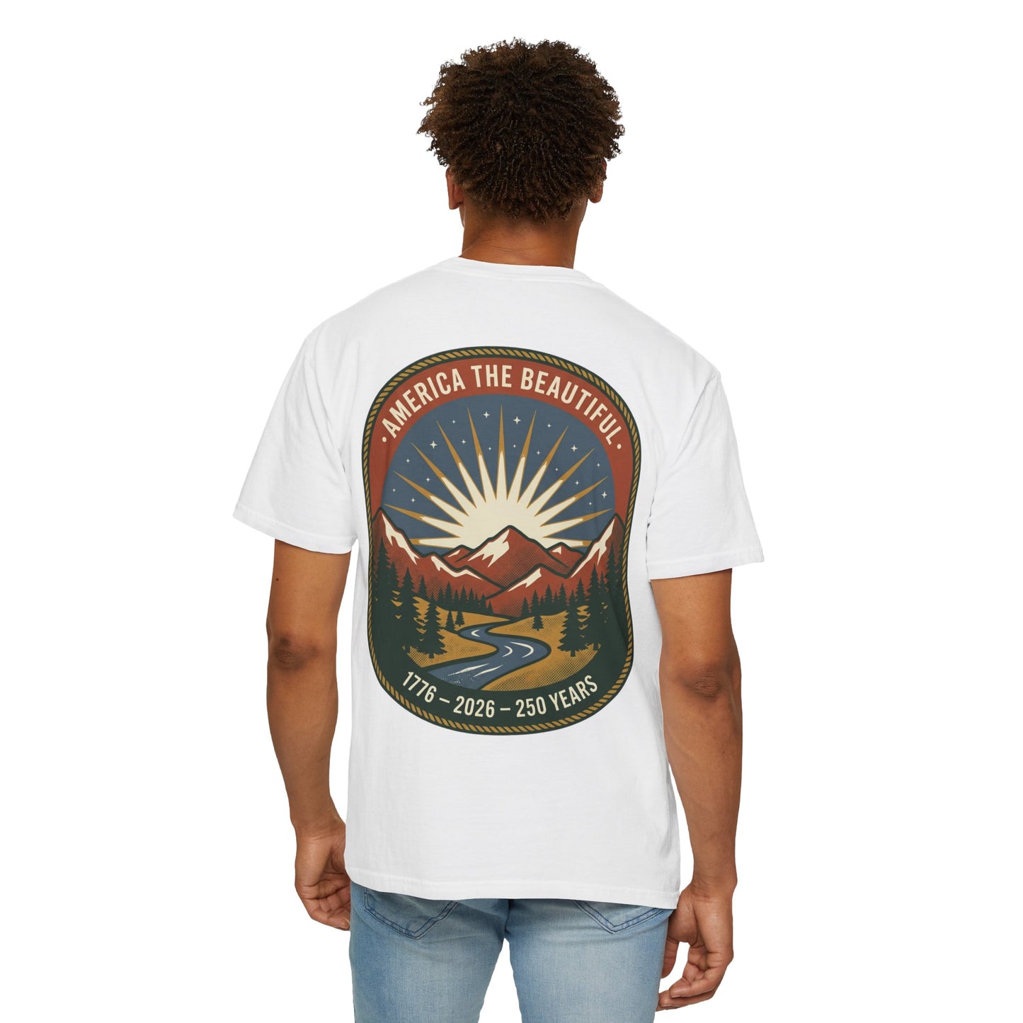 America the Beautiful T-Shirt — 250th Anniversary Scenic Mountain Graphic Tee