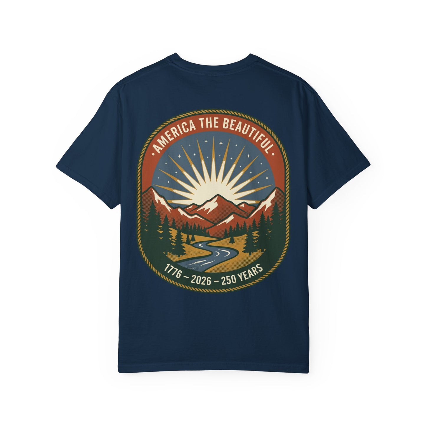America the Beautiful T-Shirt — 250th Anniversary Scenic Mountain Graphic Tee