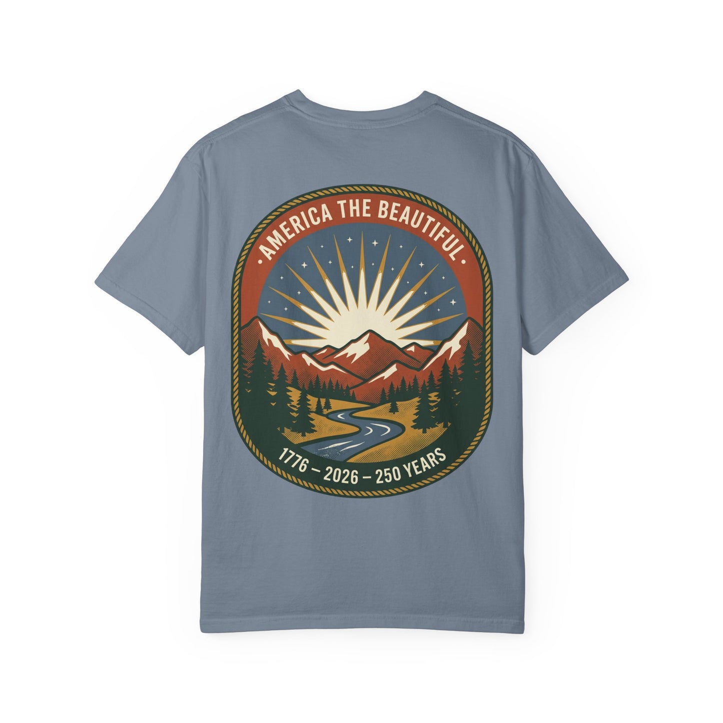 America the Beautiful T-Shirt — 250th Anniversary Scenic Mountain Graphic Tee