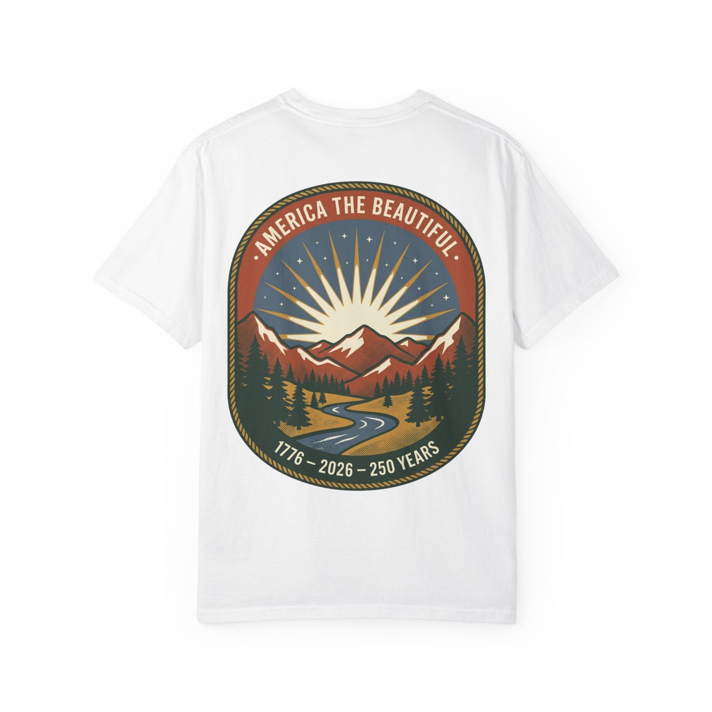 America the Beautiful T-Shirt — 250th Anniversary Scenic Mountain Graphic Tee
