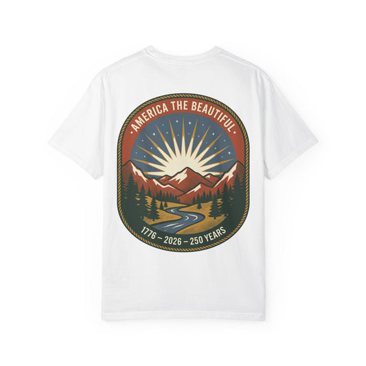 America the Beautiful T-Shirt — 250th Anniversary Scenic Mountain Graphic Tee