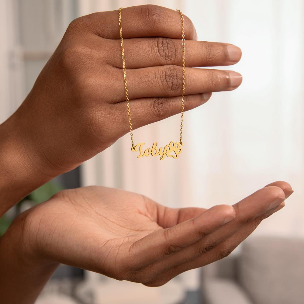 Personalized Paw Print Name Necklace – Custom Pet Name Jewelry Gift for Dog & Cat Lovers