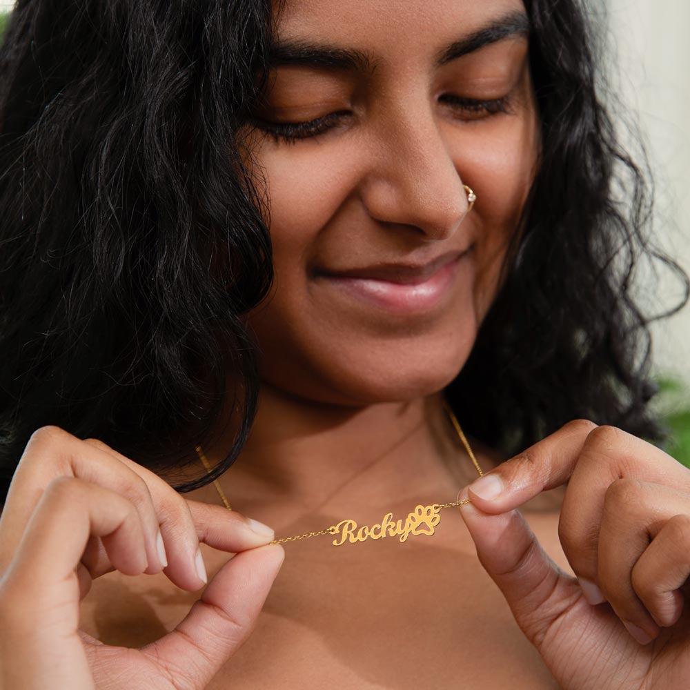 Personalized Paw Print Name Necklace – Custom Pet Name Jewelry Gift for Dog & Cat Lovers
